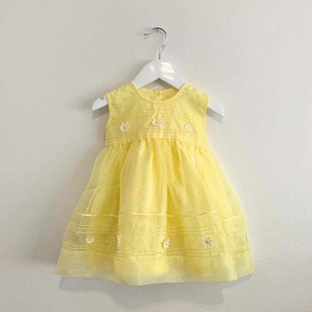Handmade Pretty Formal Dress Daisy Flowers Appliqué Yellow Y2K Vintage 12-24M